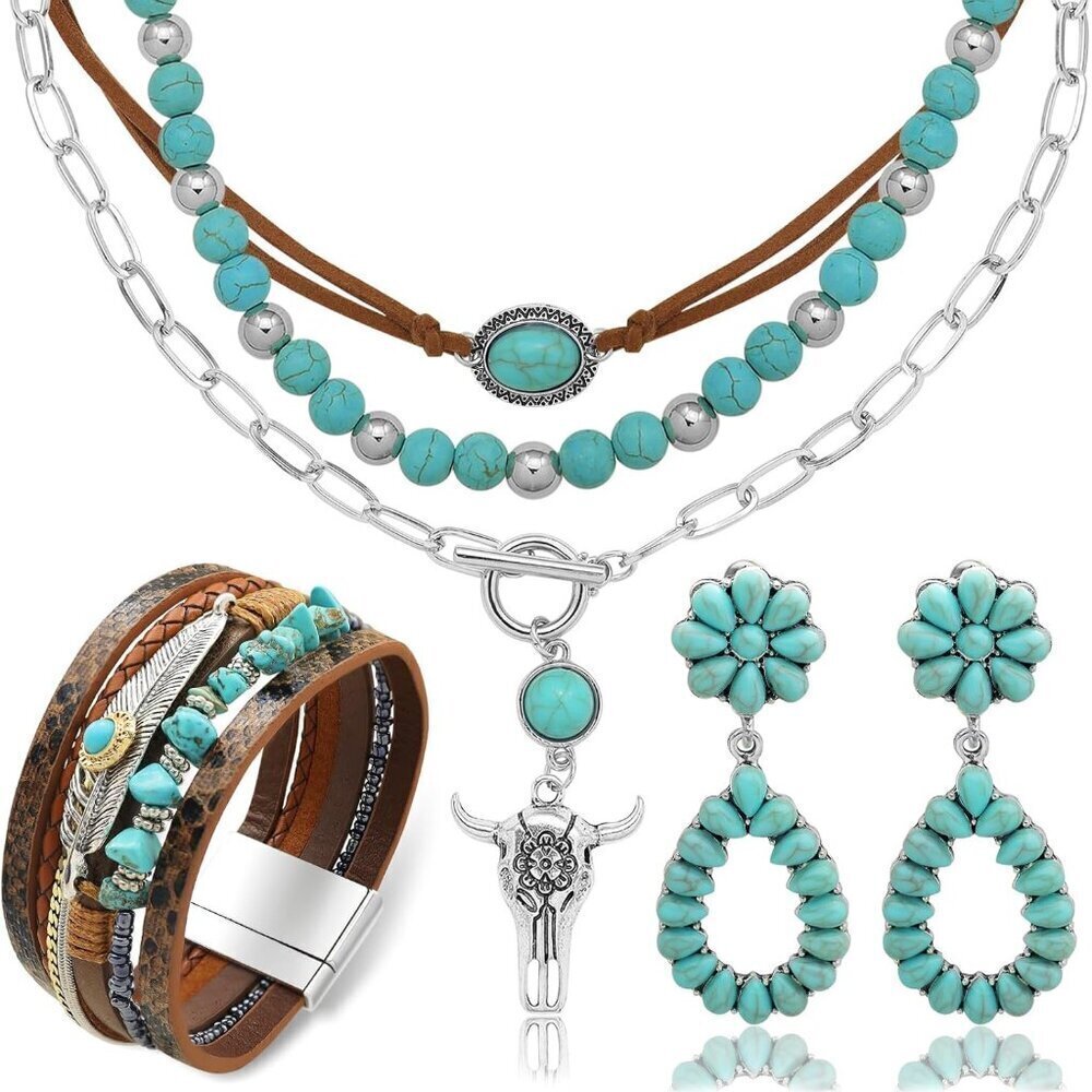 Western Boho Jewelry Set Women Turquoise Earrings Necklace Bracelet Cowgirl - Picture 1 of 7